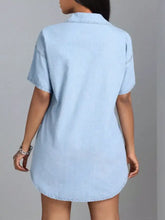 Light blue short sleeve denim dress with collar button down front machine wash cold fabric design