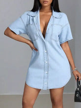 Light blue short sleeve denim dress with button front made of machine wash cold fabric for casual wear