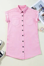 Pink denim dress with short sleeves button-down front and chest pockets short sleeve denim dress