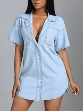 Light blue short sleeve denim dress with button-front design made from machine wash cold fabric