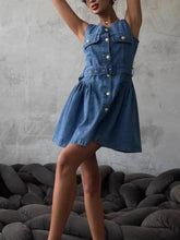 Blue denim sleeveless dress with front button closure and belted detail perfect sleeveless denim dress option