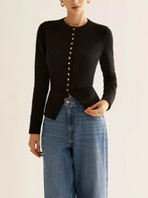 Button-down slim fit cardigan in black knit with metallic buttons