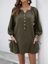 Button Front Balloon Sleeve Dress Army Green Casual Dresses