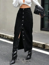 Black denim skirt with front button closure and high slit perfect for stylish casual wear