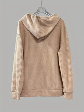 Beige button-front drawstring hoodie in ribbed slightly stretchy material with cozy fabric and elastic cuffs machine wash cold