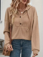 Beige ribbed knit button-front drawstring hoodie made of slightly stretchy material machine wash cold safe