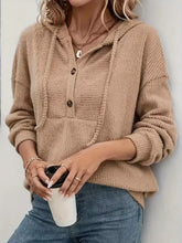 Beige button-front drawstring hoodie in slightly stretchy ribbed knit material designed for machine wash cold care