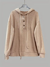 Beige button-front drawstring hoodie made of slightly stretchy material with ribbed knit texture and machine wash cold care