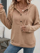 A cozy camel-colored button-front drawstring hoodie with a front pocket made of slightly stretchy material ideal for machine wash cold