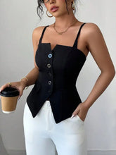 Black fitted cami with a corset-style design, thin straps, and decorative buttons down the front