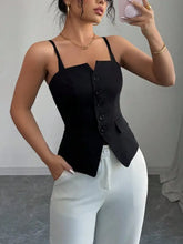 Black button-front fitted cami with thin straps and tailored fit perfect for stylish layering or casual wear