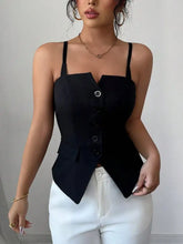 Black structured fitted cami with thin straps and front button closure ideal for stylish layering or standalone wear