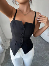 Black fitted cami structured corset top with thin straps and front button closure for a sleek look