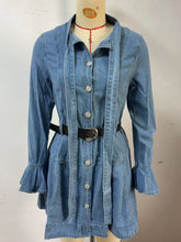 Blue denim dress with silver buttons and black belt featuring flounce sleeve denim design for stylish wear