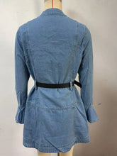 Light blue denim dress with flounce sleeves and a black belt in button front flounce sleeve denim style
