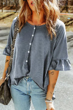 Button Front Flounce Sleeve Tee Dark Blue Woman T Shirts