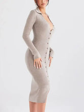 Button front long sleeve beige knit sweater dress with collar