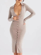 Button front long sleeve beige knit sweater dress