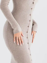 Button front long sleeve beige knit sweater dress