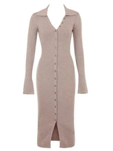 Taupe button front long sleeve sweater dress with collar