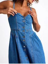 Blue midi denim dress with button-front detailing and thin straps in lightweight denim fabric