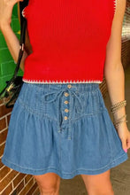 Blue denim skirt with drawstring waist wooden buttons and ruffle hem, a stylish ruffle hem denim skirt design