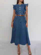 Blue denim midi dress with ruffled cap sleeves and front button closure in a stylish denim midi design
