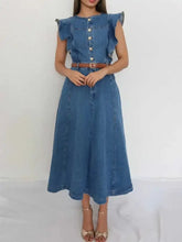 Blue denim midi dress with ruffled cap sleeves and button-front design for stylish casual wear
