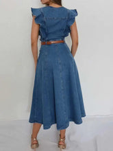 Blue denim midi dress with ruffled cap sleeves and fitted waistband button-front denim midi dress