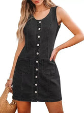 Black sleeveless denim dress with white buttons and front pockets perfect for casual wear