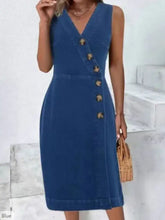 Blue sleeveless denim dress with v-neckline and front button closure perfect for casual wear
