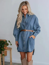 Blue denim dress with button front, collared neck long sleeve, and brown belt for stylish casual wear