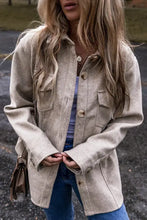 Beige oversized collared neck long sleeve button-down jacket with pockets