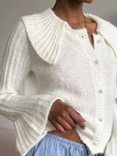 Button up flare sleeve cardigan in soft off-white knit with ribbed collar