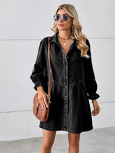Black denim button up flounce sleeve mini denim dress with ruffled sleeves and relaxed fit in cotton denim material