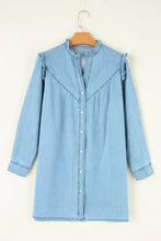 Light blue denim dress with ruffled sleeves and button front featuring notched long sleeves machine wash cold