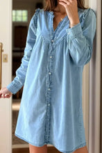 Light blue denim dress with ruffled sleeves and button-front design featuring a notched long sleeve, machine wash cold