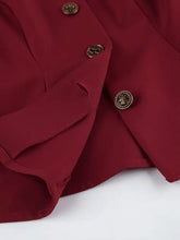Button Up Peplum Blazer & Skirt Set with deep red blouse and ornate gold floral buttons