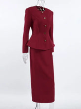 Button Up Peplum Blazer & Skirt Set in burgundy two-piece suit