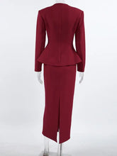 Button Up Peplum Blazer & Skirt Set in wine-red two-piece suit