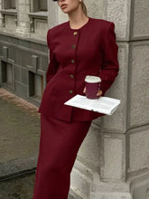 Deep burgundy tailored two-piece suit with blazer and trousers, Button Up Peplum set