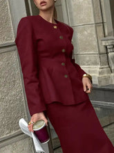 Button Up Peplum Blazer & Skirt Set in maroon with gold buttons