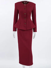 Button Up Peplum Blazer & Skirt Set: burgundy two-piece with peplum jacket and pencil skirt