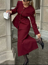 Burgundy button-up peplum blazer and skirt set, two-piece suit
