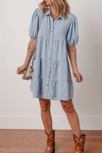 Button Up Puff Sleeve Tiered Shirt Dress Woman Casual Dress