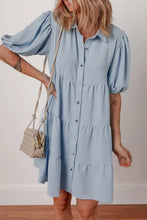 Button Up Puff Sleeve Tiered Shirt Dress Woman Casual Dress