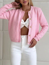 Pink texture knit cardigan with gold-tone buttons, Button Up style