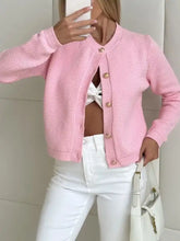 Pink texture knit cardigan with gold-toned buttons, Button Up style