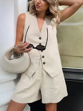 Button up vest and shorts set in beige linen, sleeveless vest with button front