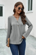 Buttoned Notched Neck Long Sleeve T-Shirt Woman T Shirts